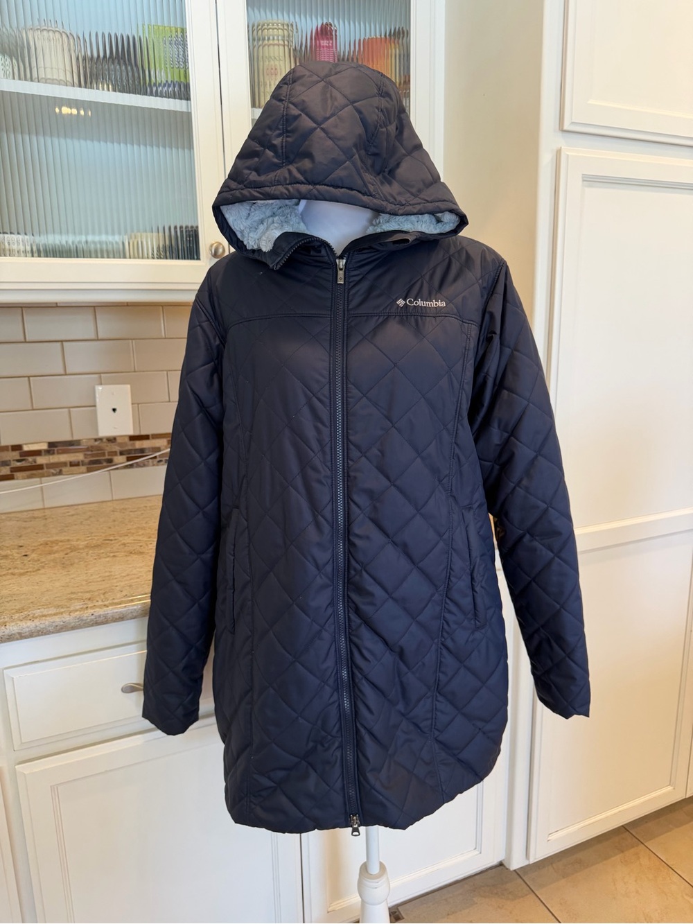 Columbia Women's Quilted Long Hooded Puffer Jacket - Navy Blue